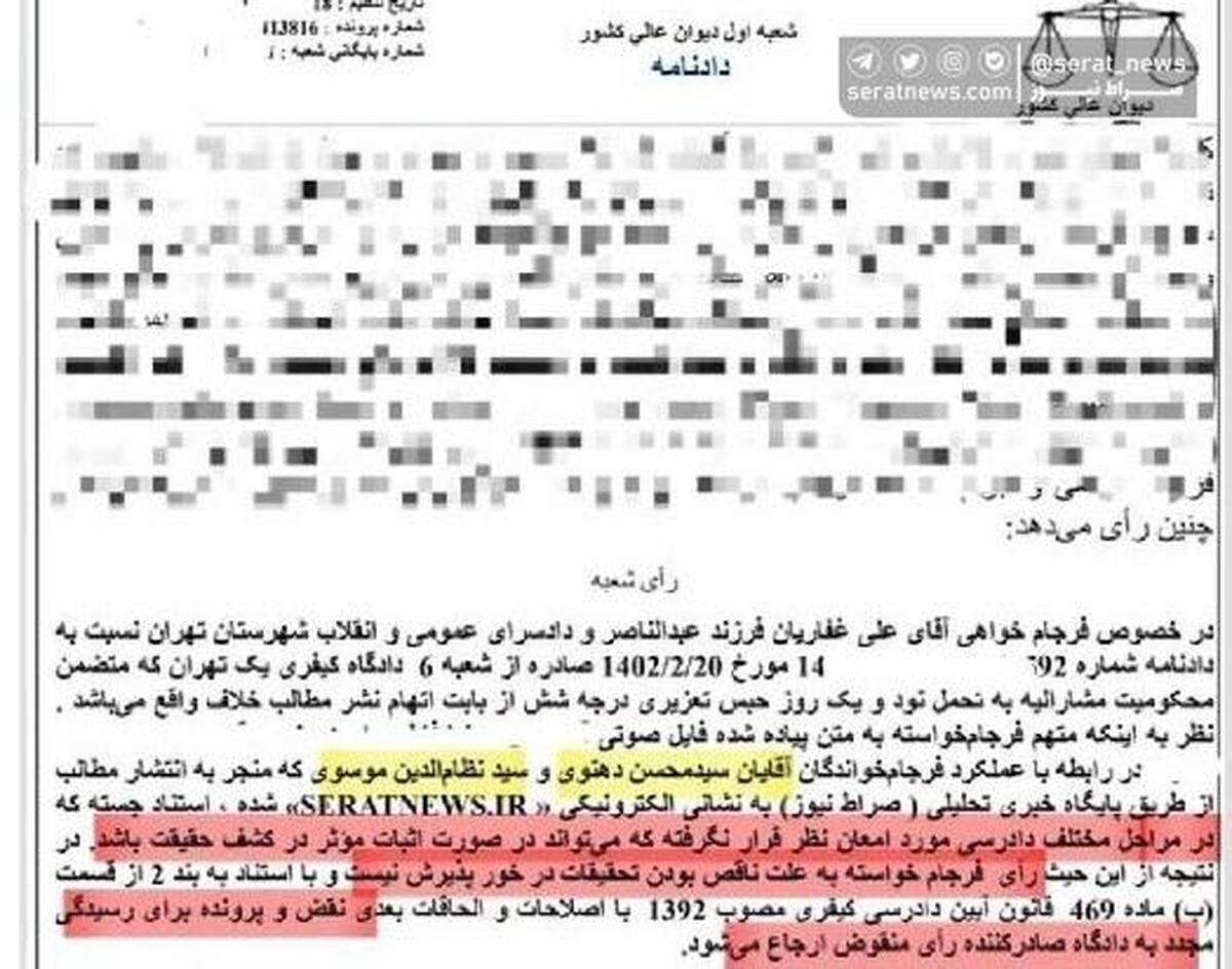 عکس/ دیوان عالی کشور حکم زندان مدیرمسئول صراط نیوز در پی شکایت دو نماینده قالی بافی را نقض کرد