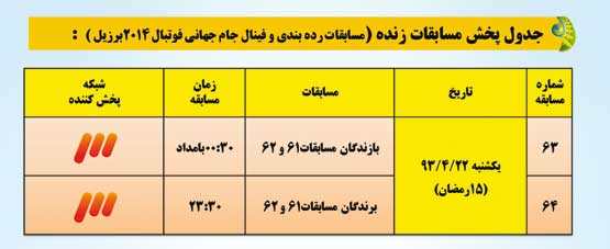 جدول پخش بازی‌های جام جهانی