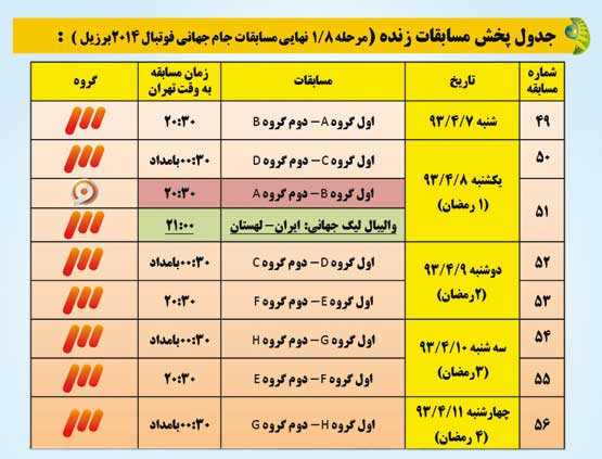 جدول پخش بازی‌های جام جهانی