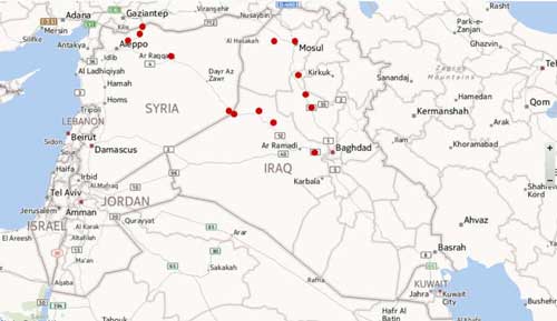 نقشه نقاط تمرکز داعش درسوریه و عراق