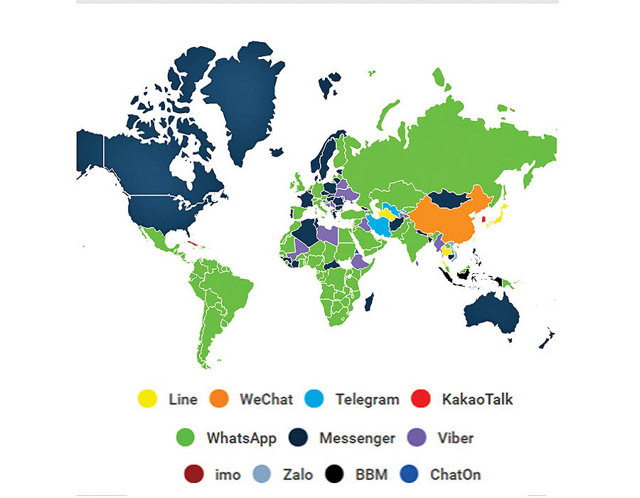 محبوبیت پیام‌رسان‌ها در کشورها +نقشه