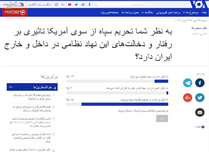 نتیجه جالب نظرسنجی صدای آمریکا درباره سپاه