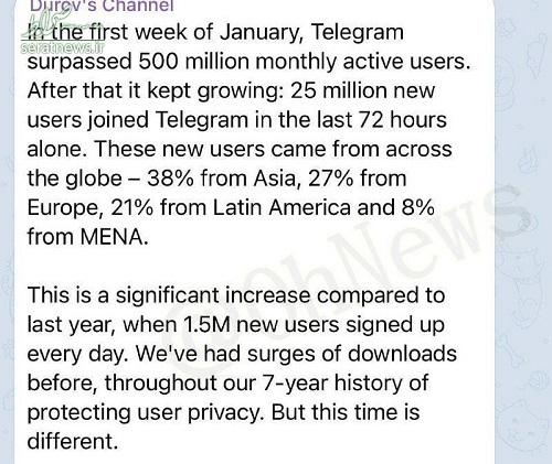 افزایش ۲۵میلیونی کاربران تلگرام در سه روز
