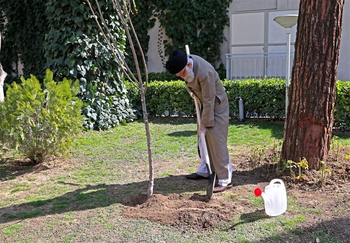 کاشت نهال توسط رهبر انقلاب در روز درختکاری+ عکس