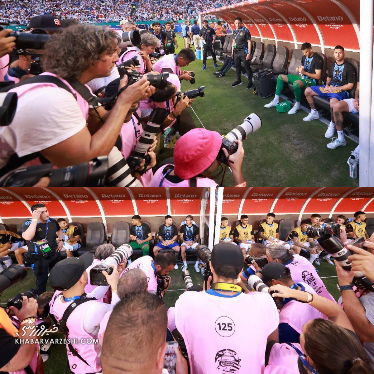 هجوم عکاسان به سوی لیونل مسی/ کاپیتان آرژانتین با کفش‌های متفاوت روی نیمکت نشست! +عکس